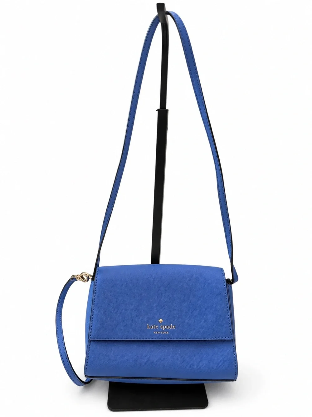 kate spade cobalt blue saffiano crossbody with gold logo